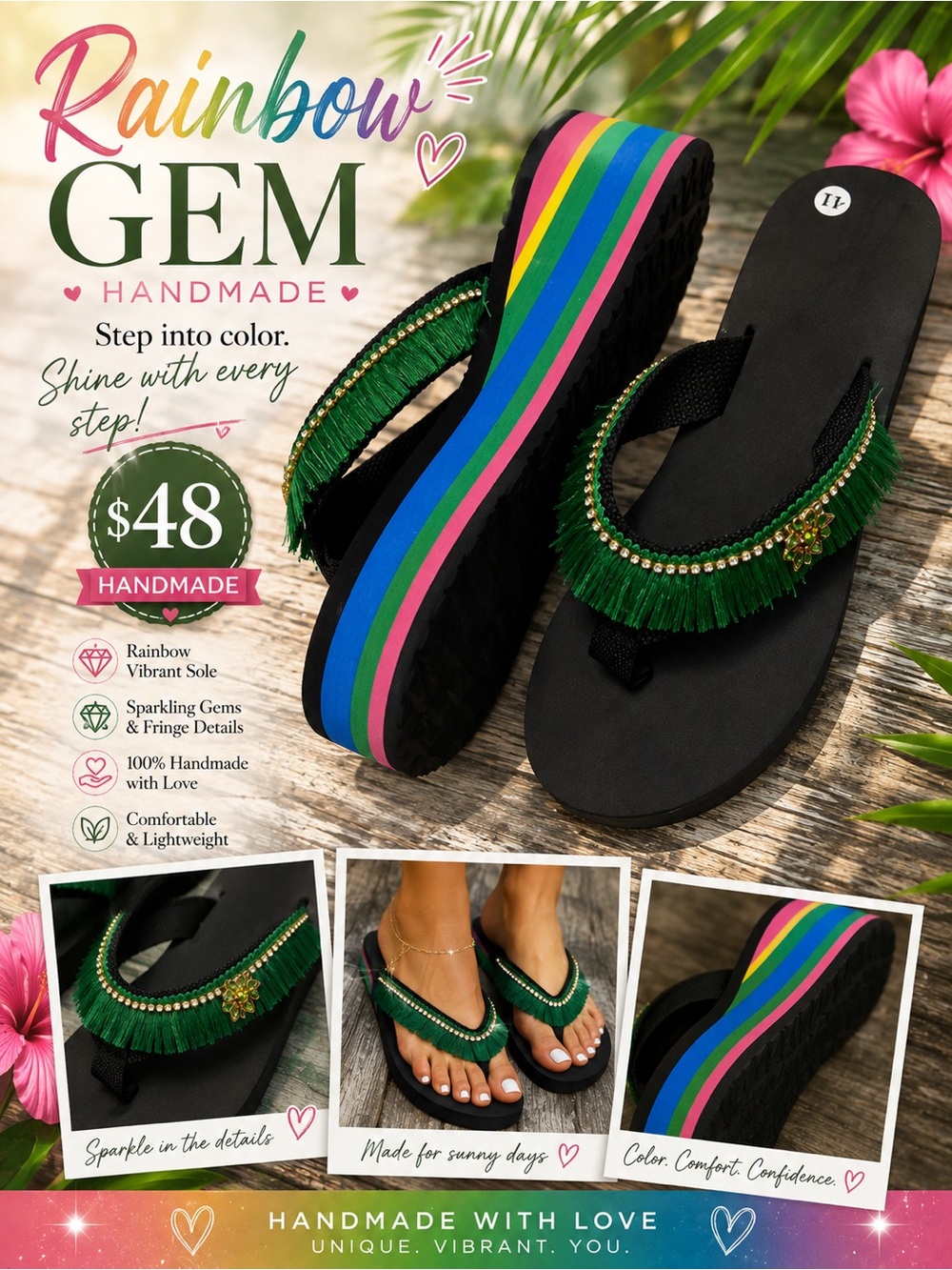 🩷. Handmade Rainbow Gem Green Fringe Flip Flop Sandals